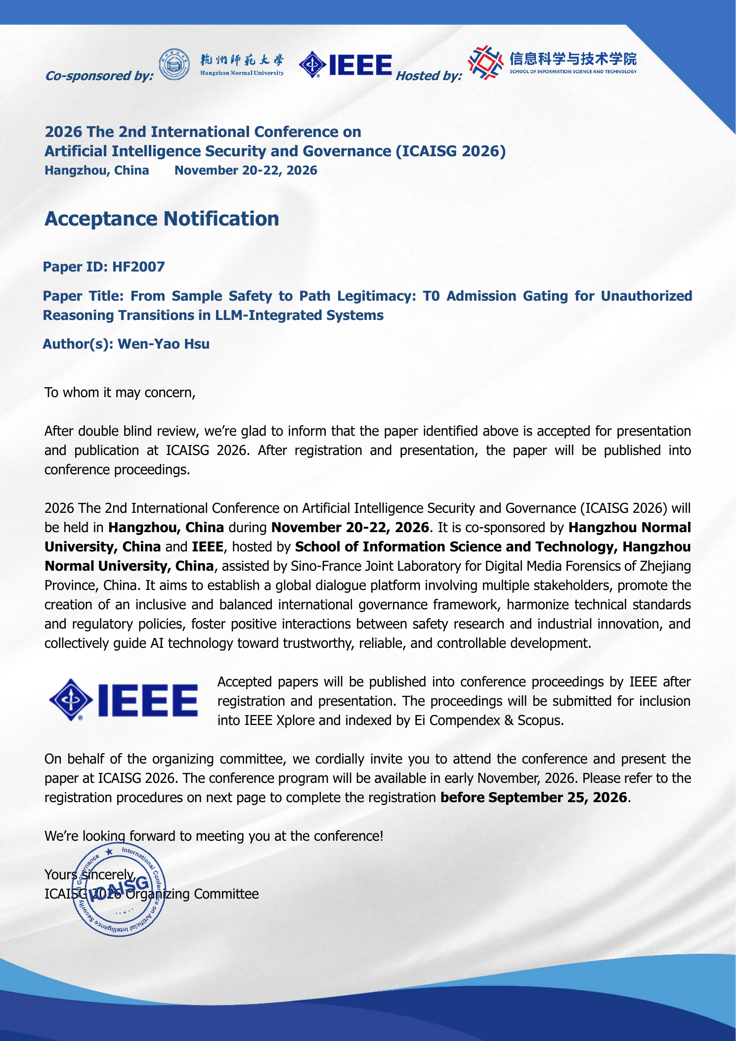 ICAISG 2026 HF2007 official acceptance notification