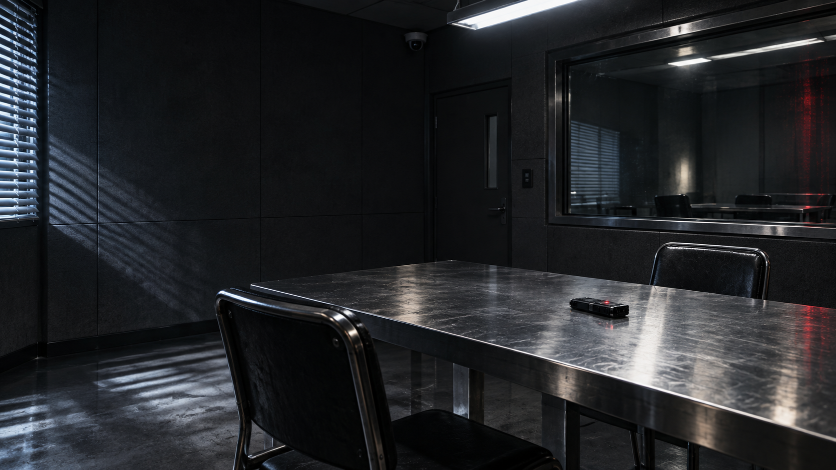 Photorealistic empty interrogation room with table, recorder, one-way glass and morning light